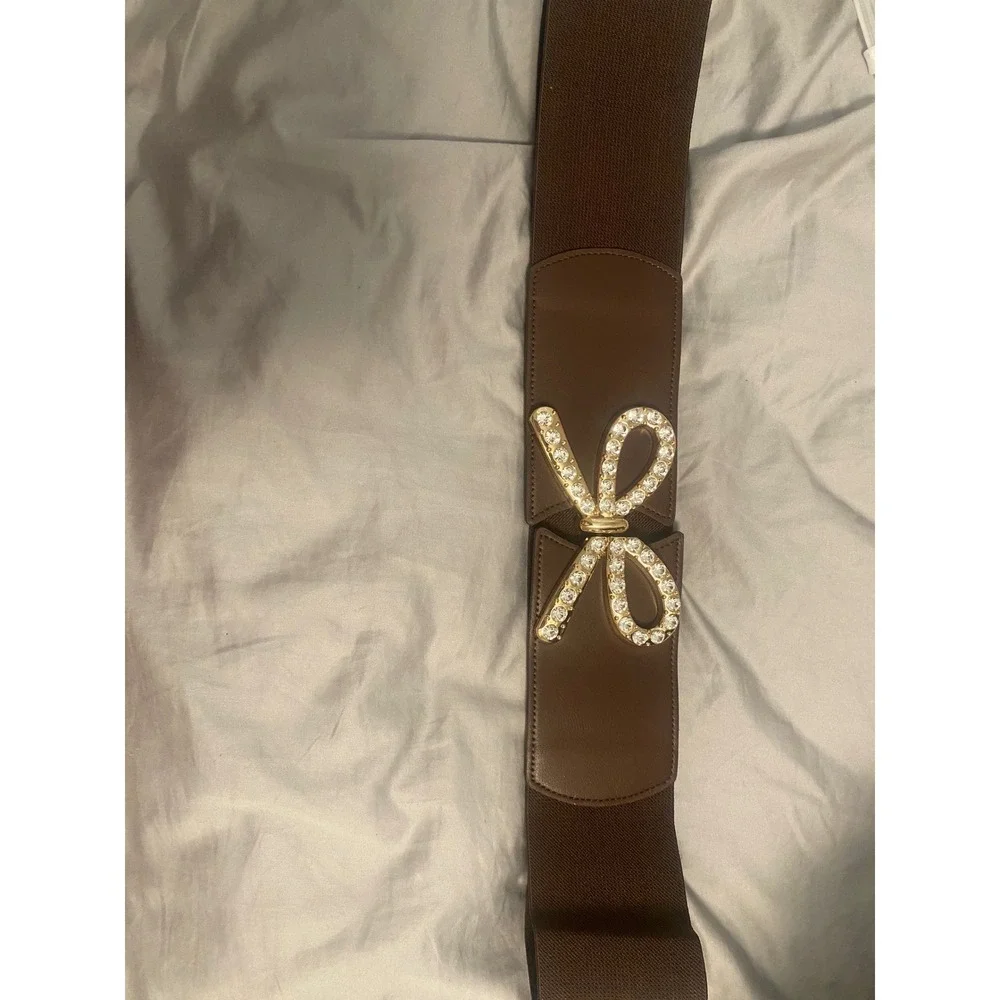 Brown Wide Elastic Cinch Belt Gold Rhinestone Bow Buckle Faux Leather Accent